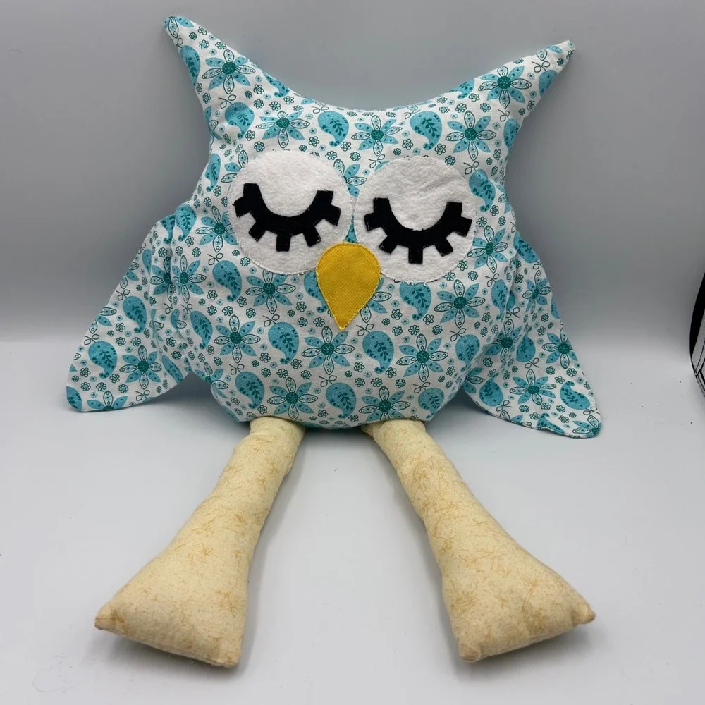 Handmade Plush Owl Pillow Floral Paisley Blue White Long Legs Decorative Stuffed